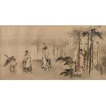 A CHINESE FIGURAL INK PAINTING, 20TH CENTURY, showing eight figures in a bamboo forest, ink on