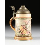 A VILLEROY & BOCH GLAZED TRANSFER PRINTED STONEWARE STEIN WITH PEWTER LID, METTLACH, GERMANY,