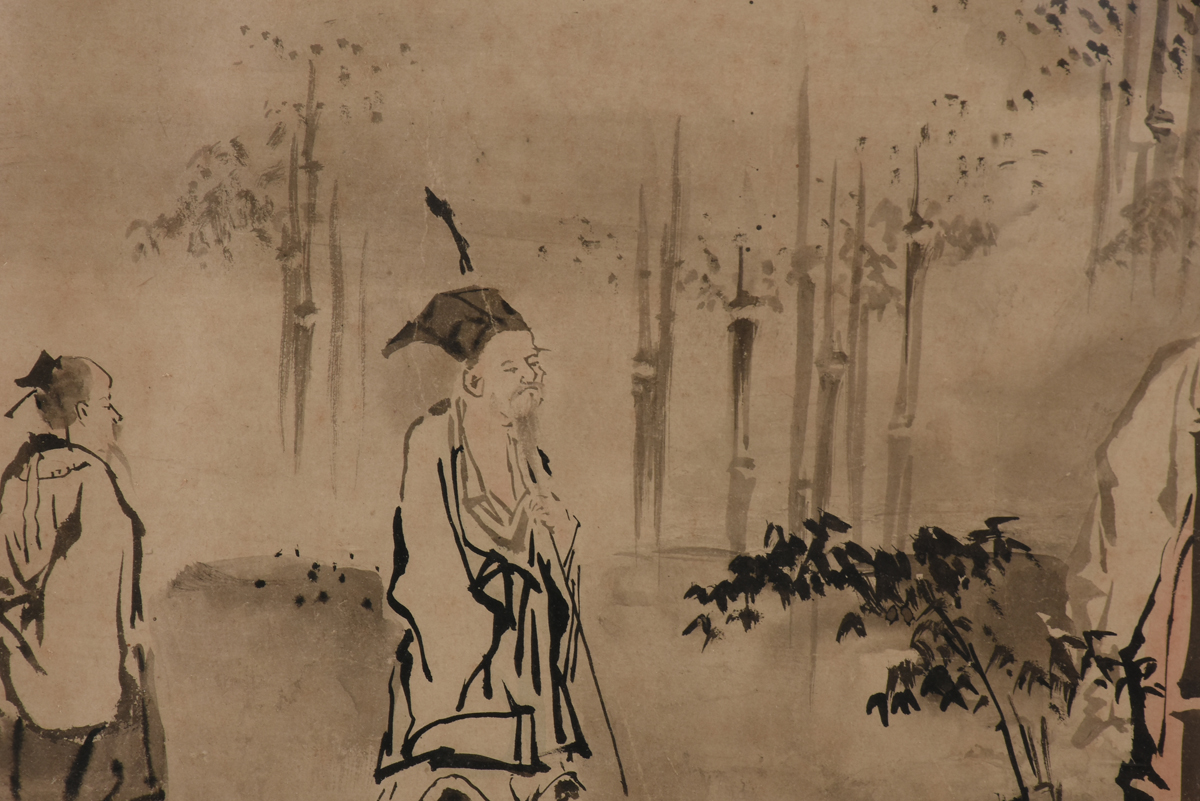 A CHINESE FIGURAL INK PAINTING, 20TH CENTURY, showing eight figures in a bamboo forest, ink on - Image 5 of 7