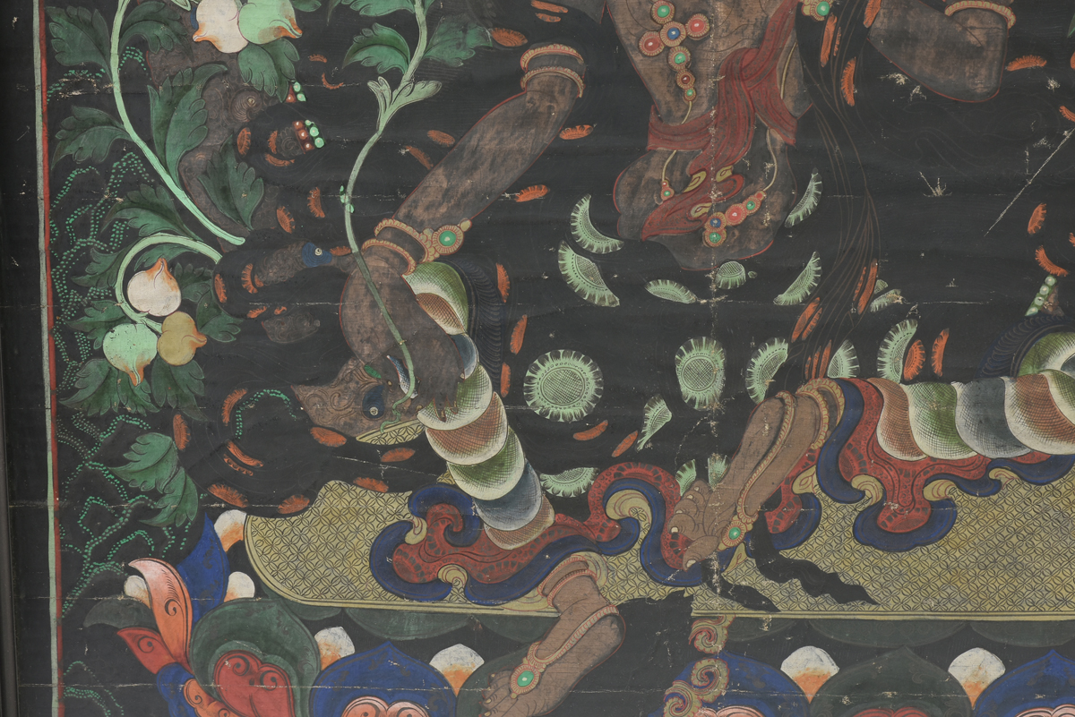 AN ANTIQUE FRAMED TIBETAN THANGKA PAINTING, paint on linen. 38" x 27" Condition: Roll marks visible. - Image 6 of 9