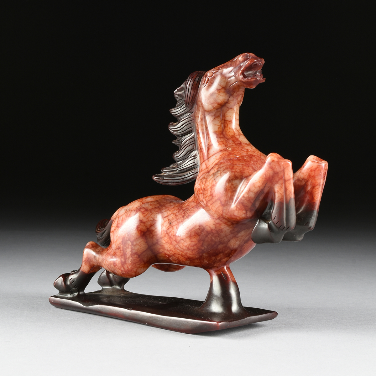 A CHINESE TANG STYLE HARD STONE FIGURE OF A HORSE, 20TH CENTURY, a running horse with brown mane - Image 4 of 9