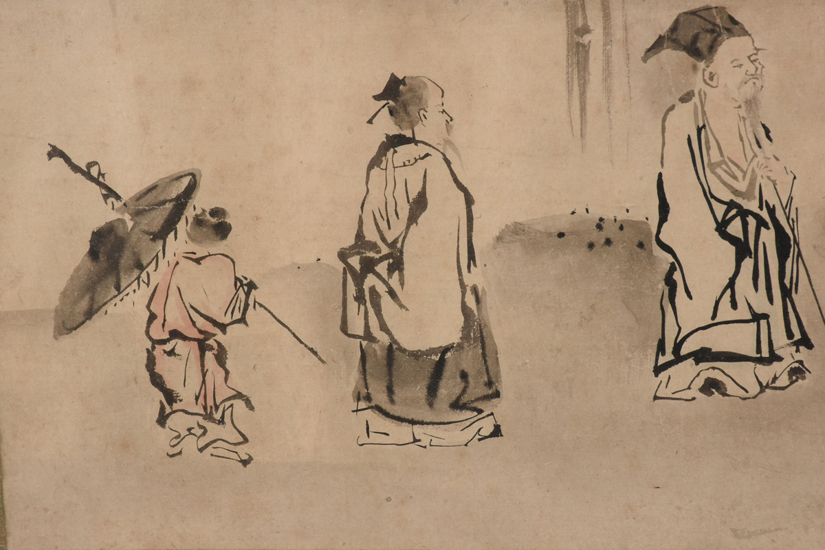 A CHINESE FIGURAL INK PAINTING, 20TH CENTURY, showing eight figures in a bamboo forest, ink on - Image 4 of 7