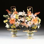 A PAIR OF CHINESE CLOISONNÃ‰ ENAMEL TAZZE WITH HARDSTONE FLORAL ARRANGEMENTS, 20TH CENTURY, the