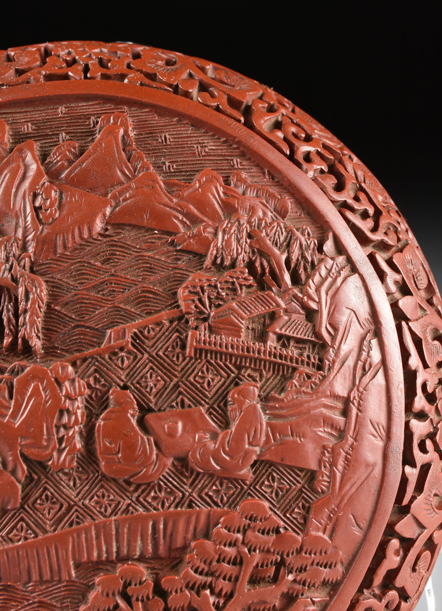 A CHINESE CARVED CINNABAR LACQUER COVERED BOX, REPUBLIC PERIOD CIRCA 1917-1949, the circular - Image 3 of 10