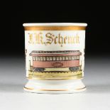 AN AMERICAN TRANSFER PRINTED PORCELAIN OCCUPATIONAL SHAVING MUG -- RAILWAY CAR, CIRCA 1880-1900,