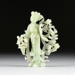 A CHINESE CARVED JADE FIGURE OF QUANYIN, 20TH CENTURY, the robed female figure holding a basket of