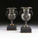 A PAIR OF BALDUC FRERES PATINATED METAL URNS ON BLACK SLATE BASES, PARIS, FRANCE, CIRCA 1880-1900,