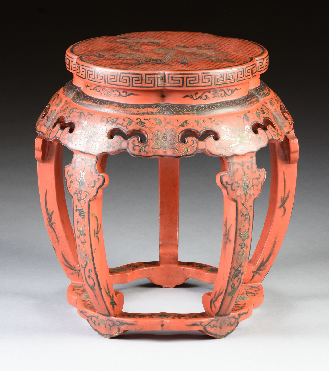 A PAIR OF CHINESE RED LACQUERED WOOD GARDEN SEATS, MID TO LATE 20TH CENTURY, of lobed pentagonal - Image 7 of 11