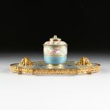 A FRENCH LOUIS XVI STYLE POLYCHROME ENAMEL PORCELAIN , GILT BRONZE AND ETCHED GLASS INKSTAND, LATE