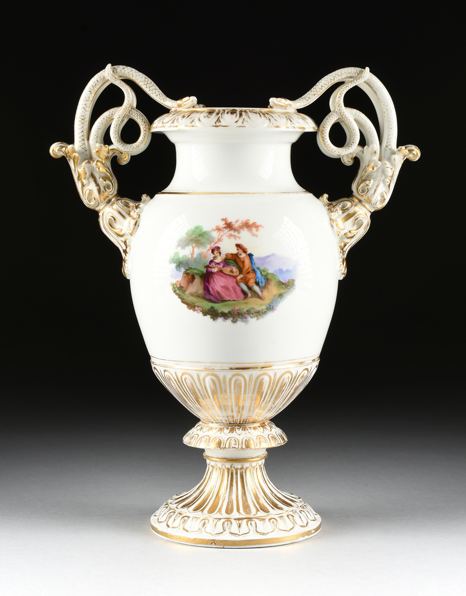 A CONTINENTAL PORCELAIN VASE WITH GILT AND TRANSFER PRINTED DECORATION, 20TH CENTURY, of baluster