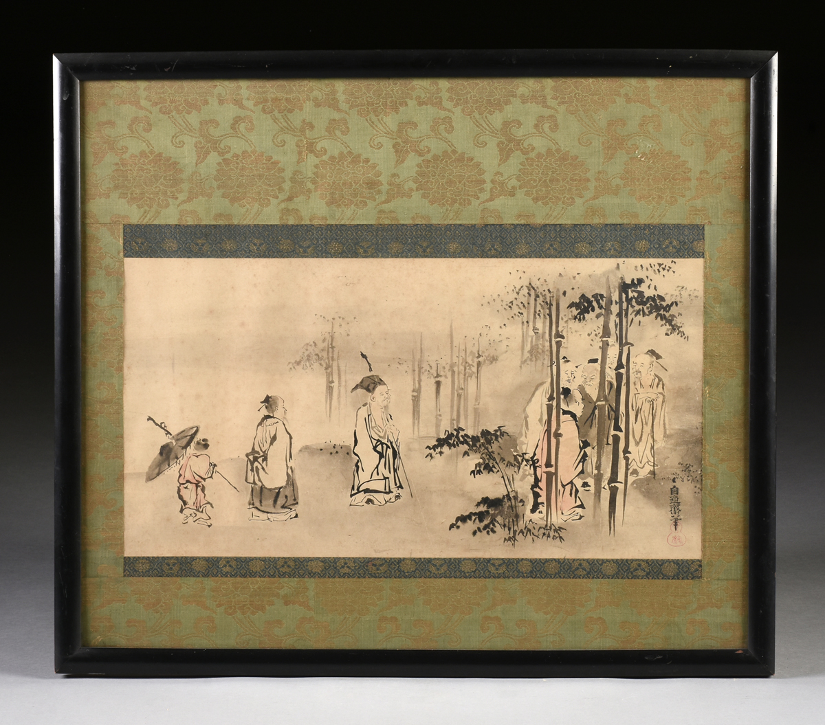 A CHINESE FIGURAL INK PAINTING, 20TH CENTURY, showing eight figures in a bamboo forest, ink on - Image 2 of 7