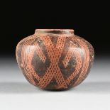 A PRE-COLUMBIAN STYLE SLIP DECORATED TERRACOTTA VASE, of globular form with neck and rounded bottom,