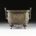 A CHINESE ARCHAIC STYLE PATINATED BRONZE JARDINIERE, 20TH CENTURY, of shaped square form with