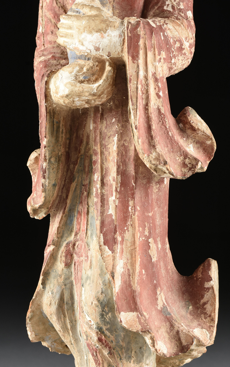A CHINESE QING DYNASTY POLYCHROME AND GESSO CARVED WOOD GUAN YIN FIGURE, 19TH CENTURY, the figure - Image 4 of 10