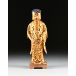 A CHINESE GILTWOOD CARVED BUDDHA ON STAND, MING STYLE, with gilt and gesso carving, centering a