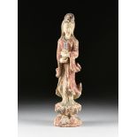 A CHINESE QING DYNASTY POLYCHROME AND GESSO CARVED WOOD GUAN YIN FIGURE, 19TH CENTURY, the figure