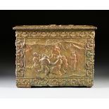 A FRENCH BAROQUE STYLE WOODEN COAL BOX WITH EMBOSSED BRASS OVERLAY, LATE 19TH CENTURY, rectangular