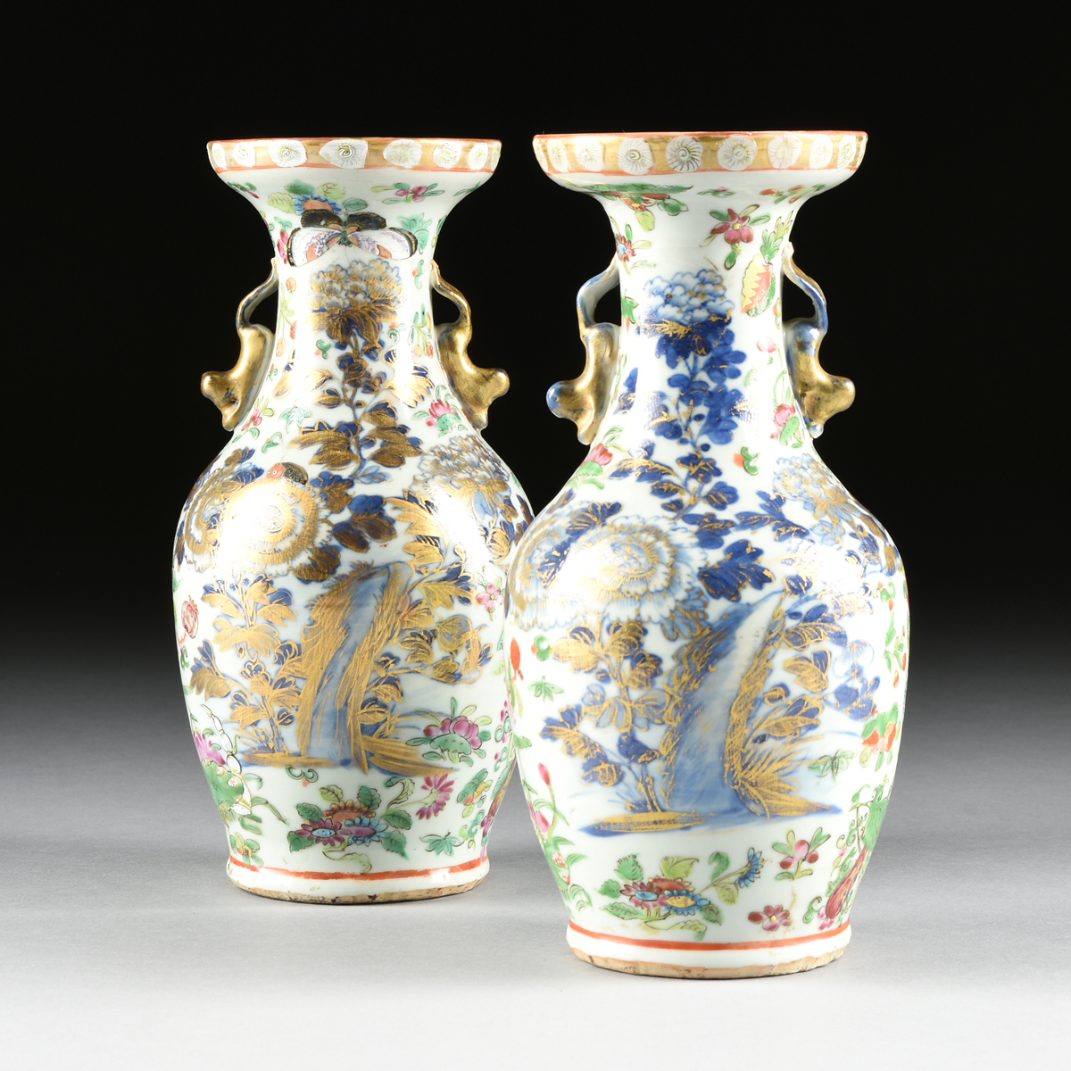 A PAIR OF CHINESE QING DYNASTY FAMIILLE ROSE CANTONESE PARCEL GILT HAND PAINTED VASES, 19TH CENTURY, - Image 8 of 10