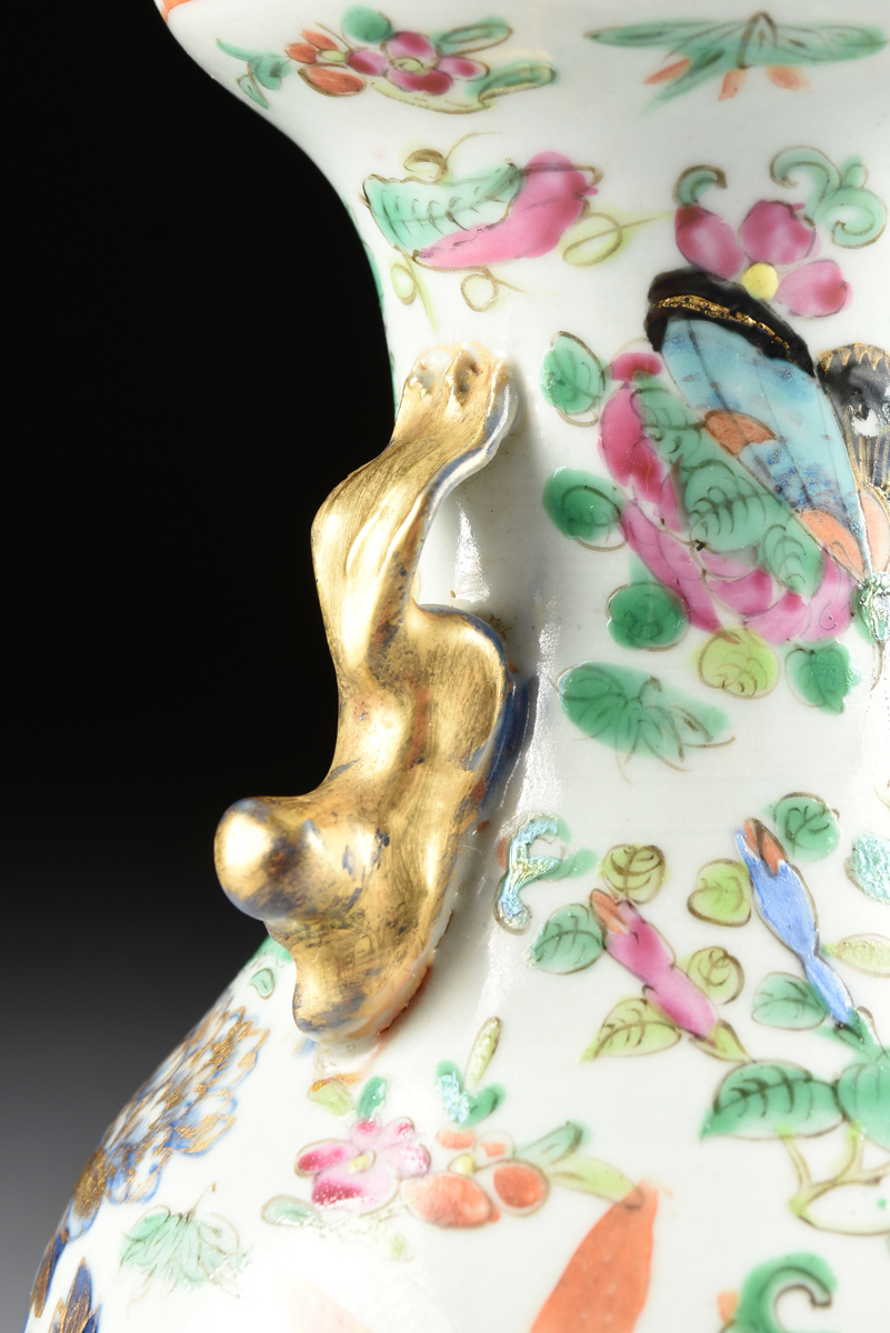 A PAIR OF CHINESE QING DYNASTY FAMIILLE ROSE CANTONESE PARCEL GILT HAND PAINTED VASES, 19TH CENTURY, - Image 7 of 10