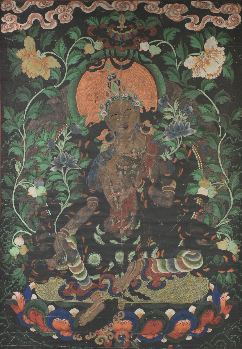 AN ANTIQUE FRAMED TIBETAN THANGKA PAINTING, paint on linen. 38" x 27" Condition: Roll marks visible.