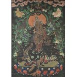 AN ANTIQUE FRAMED TIBETAN THANGKA PAINTING, paint on linen. 38" x 27" Condition: Roll marks visible.