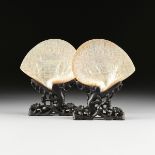 A PAIR OF CHINESE LATE QING DYNASTY HAND CARVED MOTHER-OF-PEARL SHELLS IN STANDS, PROBABLY