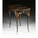 A VINTAGE CHINOISERIE PARCEL GILT BLACK LACQUER TRAY TOP TABLE, MID 20TH CENTURY, the dished