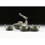 A CHINESE YIXING GREEN CLAY LEAF FORM TEA POT SET WITH CICADA HANDLE, LATE 20TH CENTURY, of