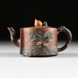 A CHINESE YIXING FOUR COLOR CLAY PEACH FORM TEAPOT, LATE 20TH CENTURY, in the form of a peach pit in