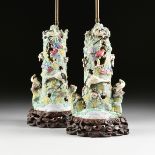 A PAIR OF FAMILLE VERTE RELIEF PORCELAIN LAMPS, POSSIBLY MING/QING DYNASTY, the algae and mollusk