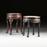 TWO CHINESE EXPORT CARVED WALNUT MARBLE TOP PLANT STANDS, PROBABLY LATE QING DYNASTY, LATE 19TH/