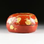 A CHINESE GILT DECORATED RED LACQUERED PAPIER MÃ‚CHÃ‰ PEACH FORM LIDDED BOX, LATE 19TH CENTURY, of