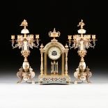 A THREE PIECE BELLE Ã‰POQUE PERIOD ENAMEL CLOISONNÃ‰ BRONZE DORÃ‰ AND ALABASTER MANTEL CLOCK