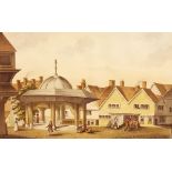 A fine 19th century watercolour town scene with octagonal market cross and stocks,
