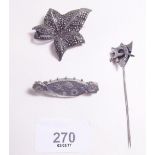 A silver mosaic leaf brooch, a Victorian silver brooch decorated rose and horseshoe stick pin