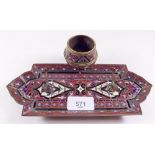 A brass and champleve enamel ink stand with stylised floral decoration