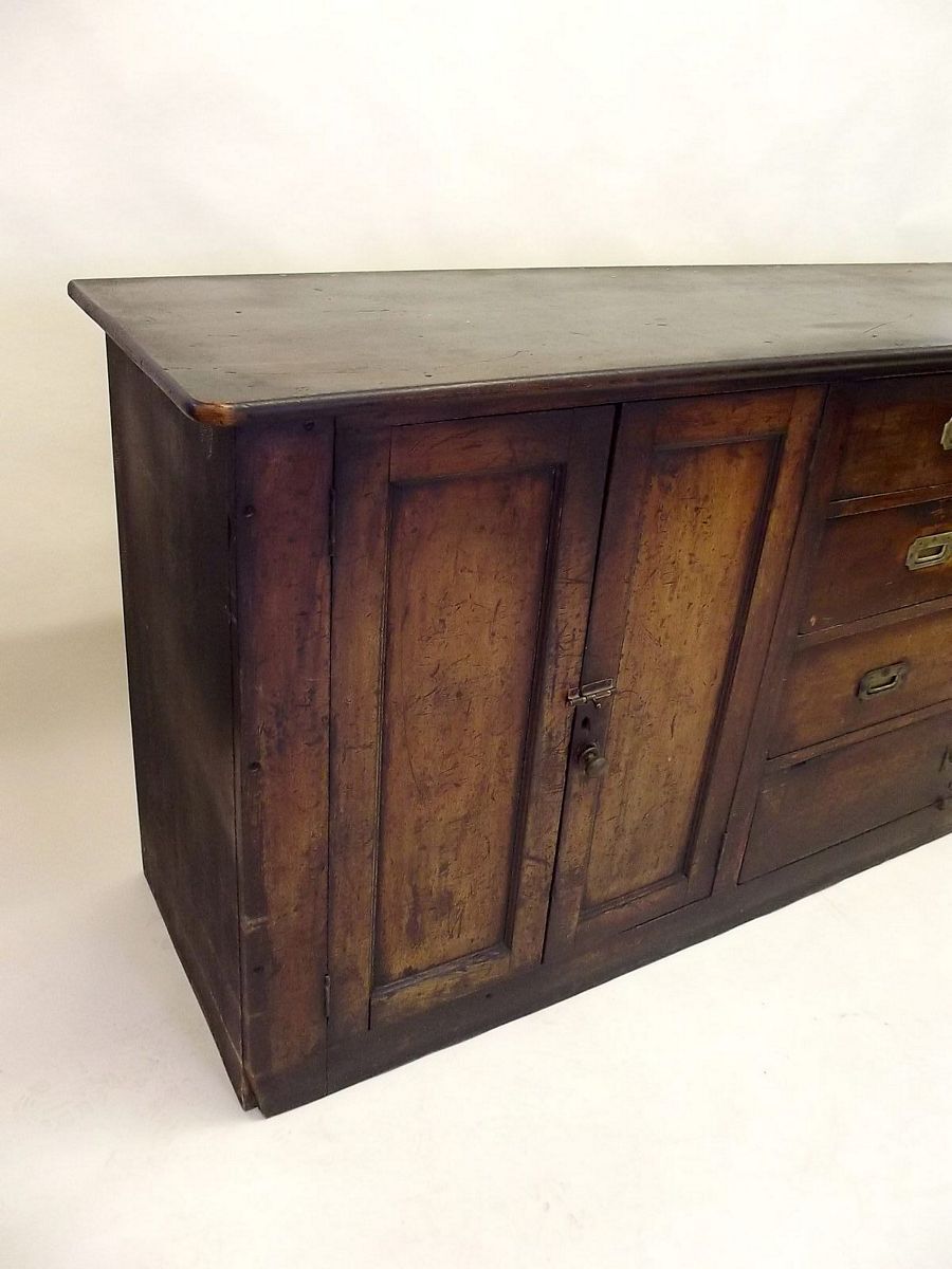 An early 19th century pine side cabinet with cupboard and drawers with military style brass handles, - Image 2 of 6