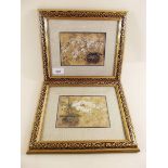A pair of gilt framed floral prints - 14 x 10cm a print of wine bottles
