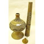 A Persian brass long necked pierced vase - 90cm neck, a/f