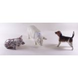 A bisque pottery pig (repaired), an Imari pig and a Beswick foxhound a/f