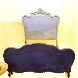 A 19th century blue painted French double bed with carved decoration comprising: headboard,