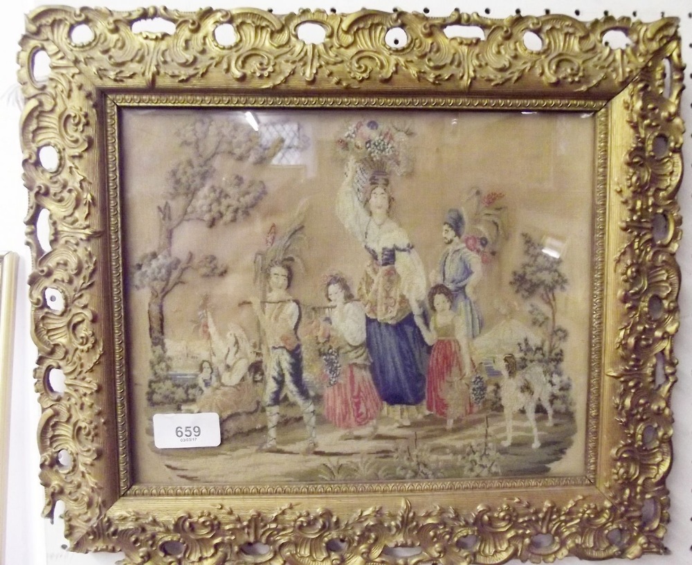 An early 19th century petit point tapestry Italian scene with figures holding vines and flowers.