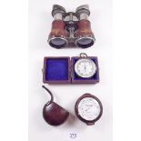 Two altimeters - cased, a pair of field glasses and a folding pipe