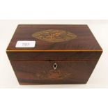 A Georgian rosewood tea caddy with marquetry bird and floral panels to front and lid