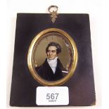 A reverse printed on glass miniature of Victorian gentleman - a/f in ebony frame