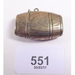 A novelty brass vesta case in the shape of a barrel