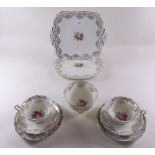 A Foley floral and gilt tea service comprising: six cups, nine saucers, eleven tea plates and two