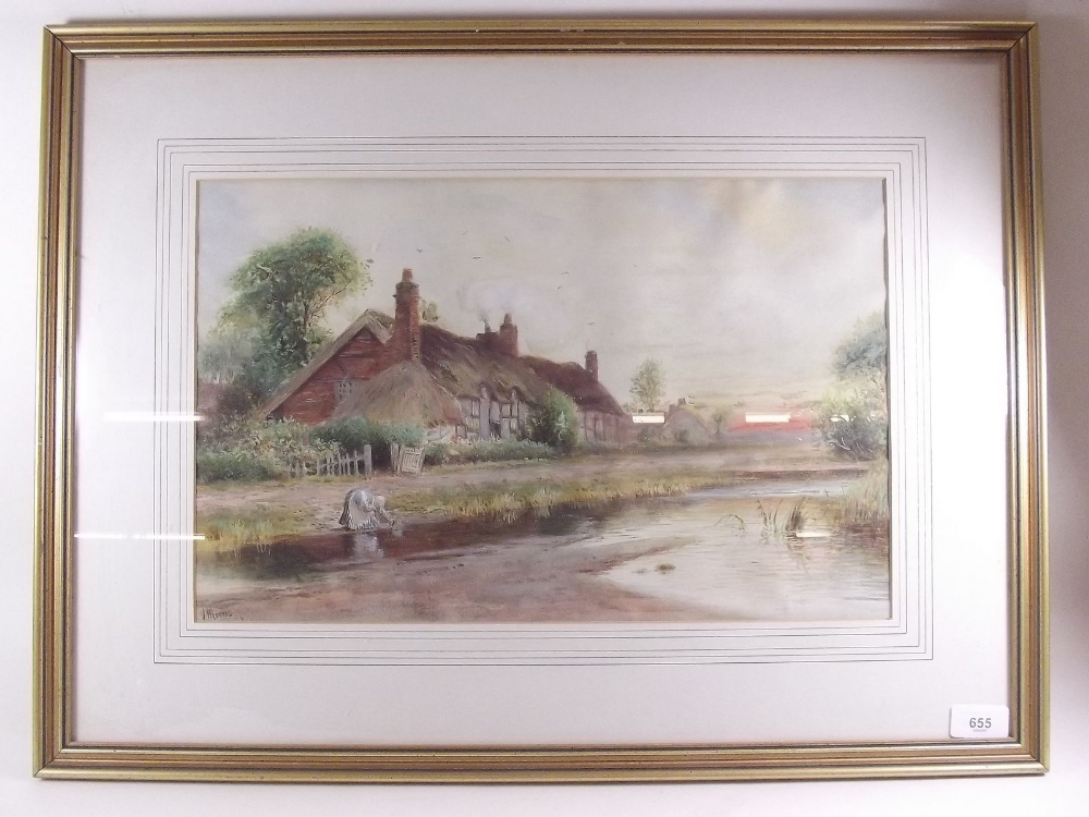J Morris - Victorian watercolour cottages by a river with woman gathering water - 29 x 46cm
