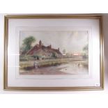 J Morris - Victorian watercolour cottages by a river with woman gathering water - 29 x 46cm