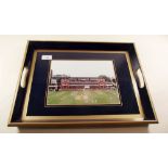 A wooden tray with printed picture of Lords cricket ground , 17 x 13"
